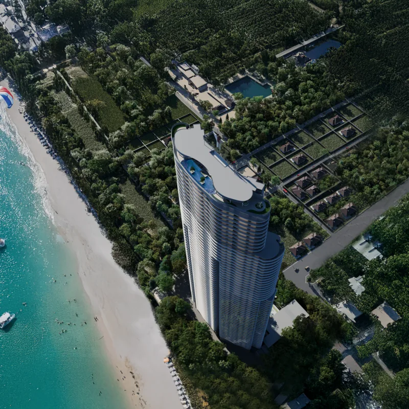 Aerial view of Yamuna Sky City by the Arabian Sea