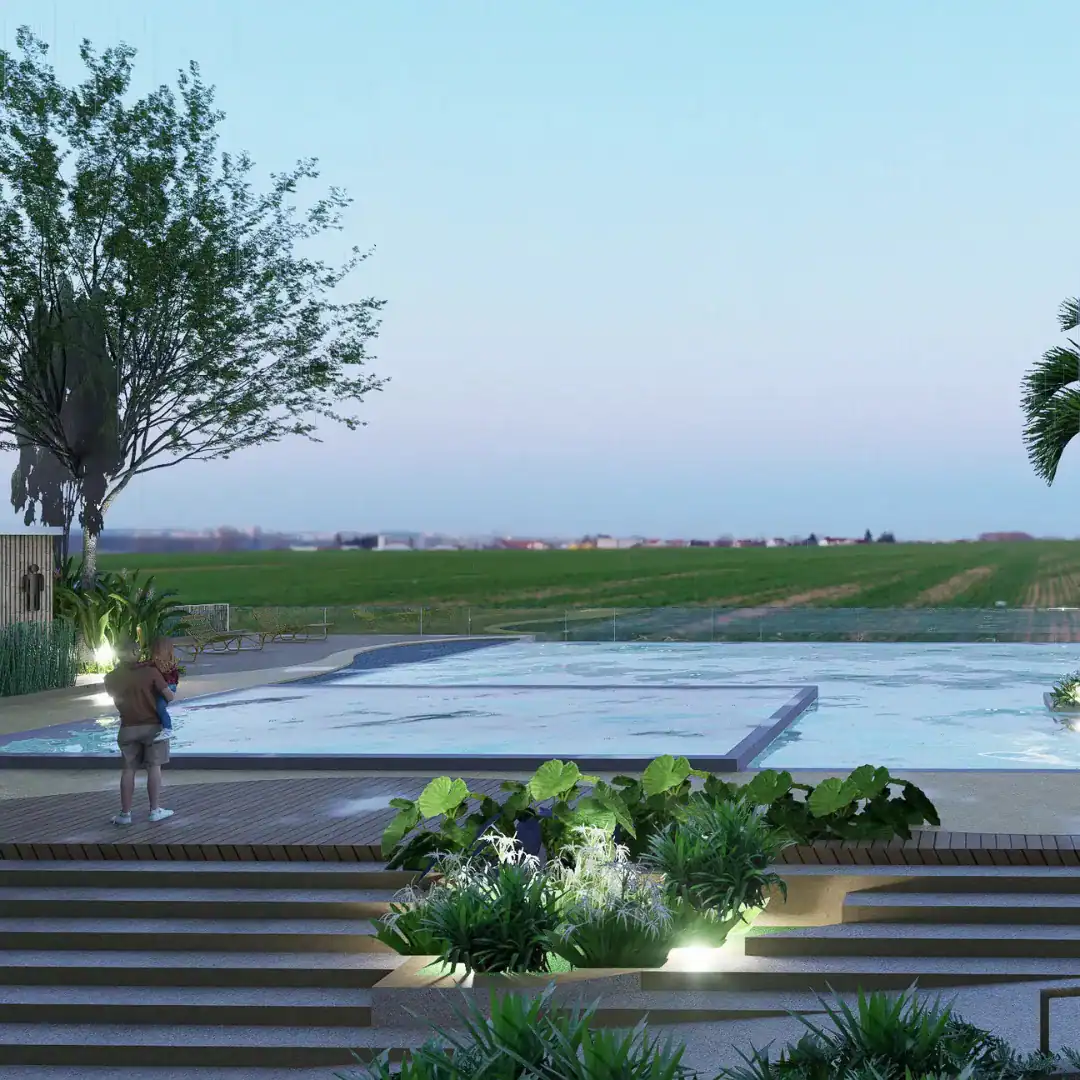 Poolside landscape view at Yamuna Sky City